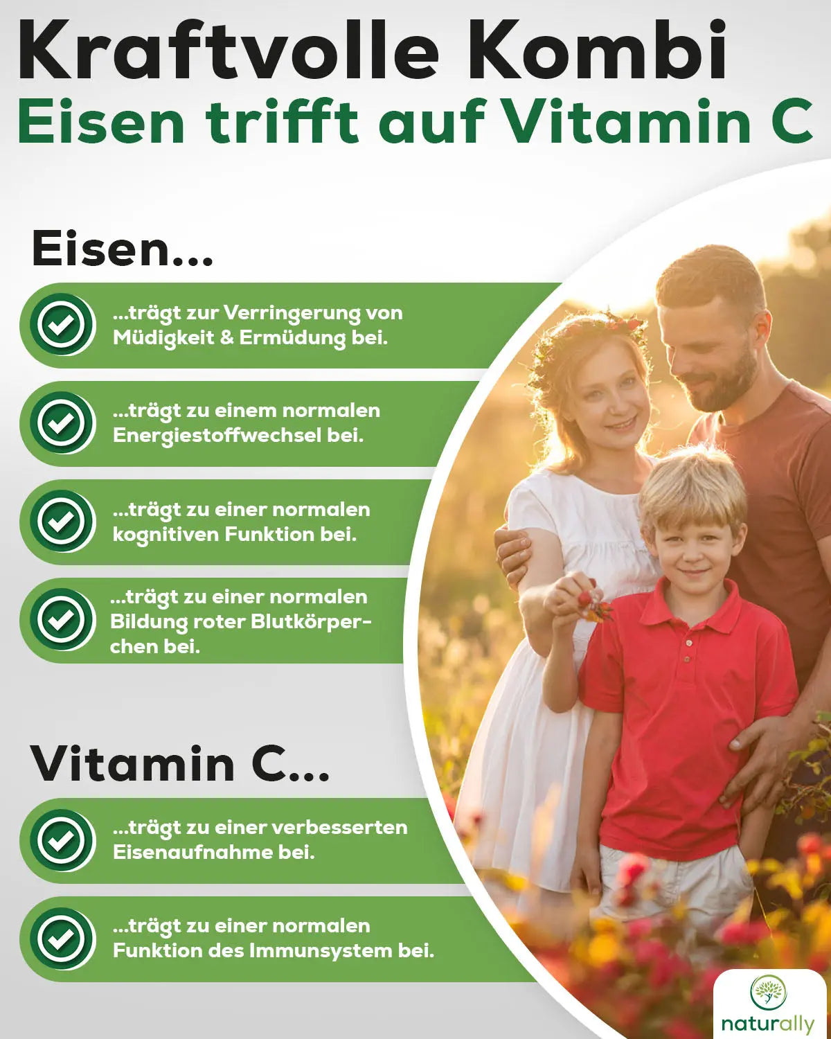 Health Claims:
Eisen trägt zur Verringerung von Müdigkeit und Ermüdung bei.
Vitamin C trägt zu einer verbesserten Eisenaufnahme bei.