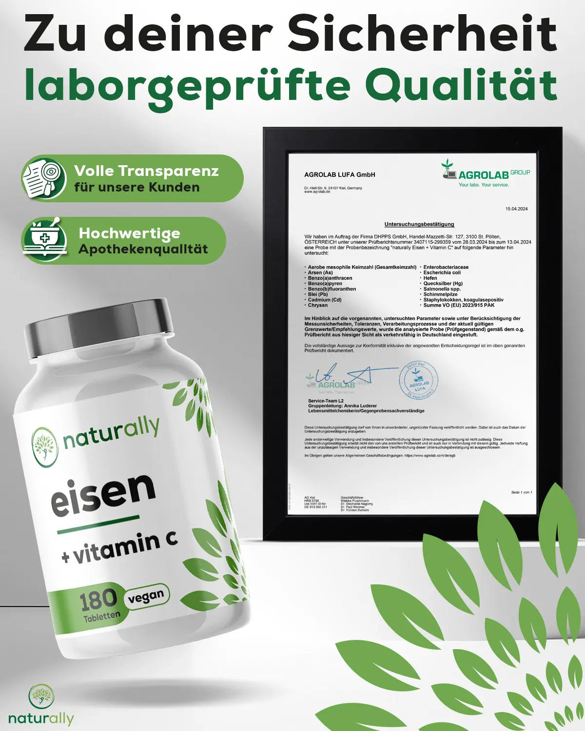 Laborergebnisse: Natürliche Inhaltsstoffe frei von Füllstoffen und unerwünschten Zusatzstoffen, Hochwertige Apothekenqualität, Volle Transparenz für unsere Kunden