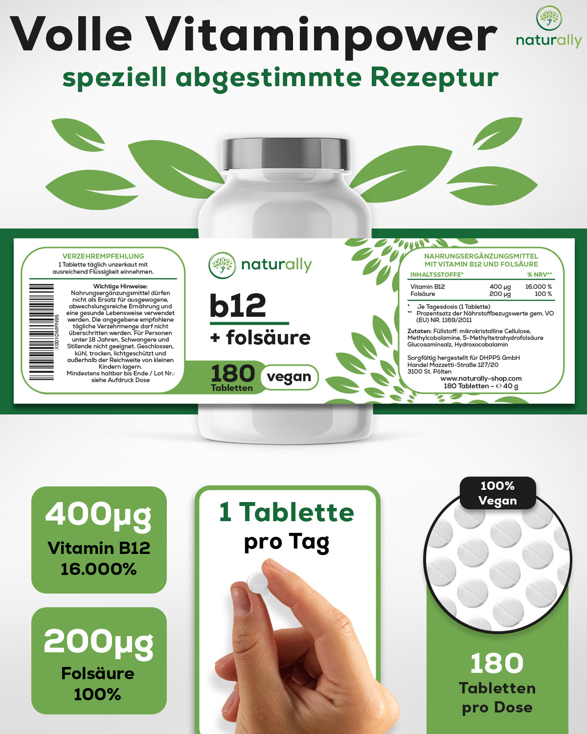 Inhaltsstoffe 400µg Vitamin B12, 200µg Folsäure, 180 Tabletten