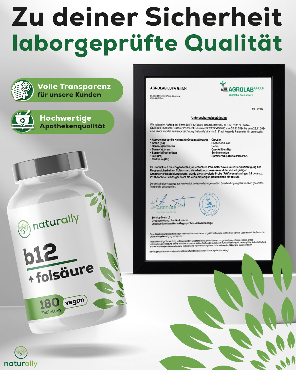 Grafik Premium Rohstoffe & Laborgeprüfte Qualität bei naturally Vitamin B12 & Folsäure