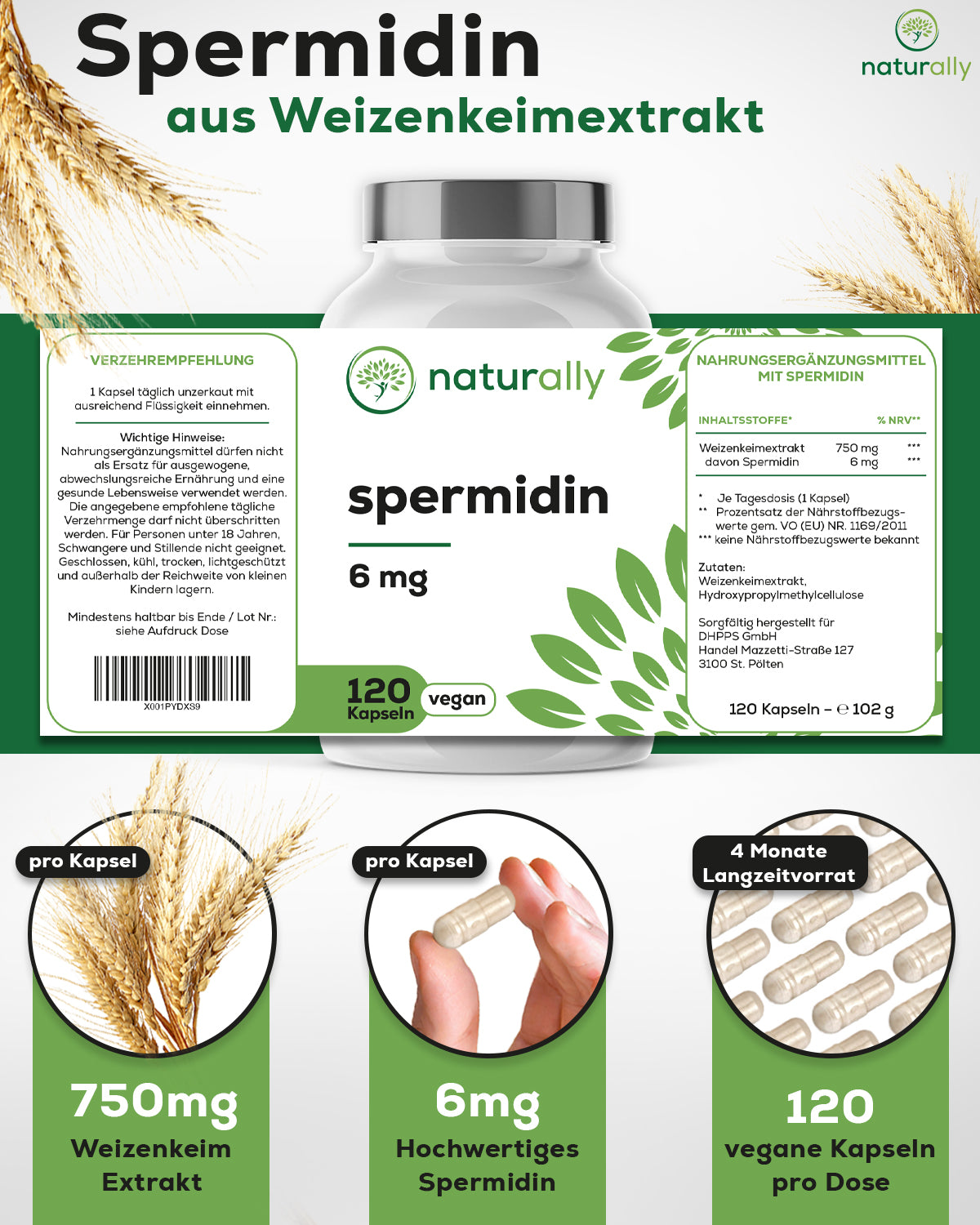 naturally Spermidin 6mg Inhaltsstoffe 750mg Weizenkeimextrakt