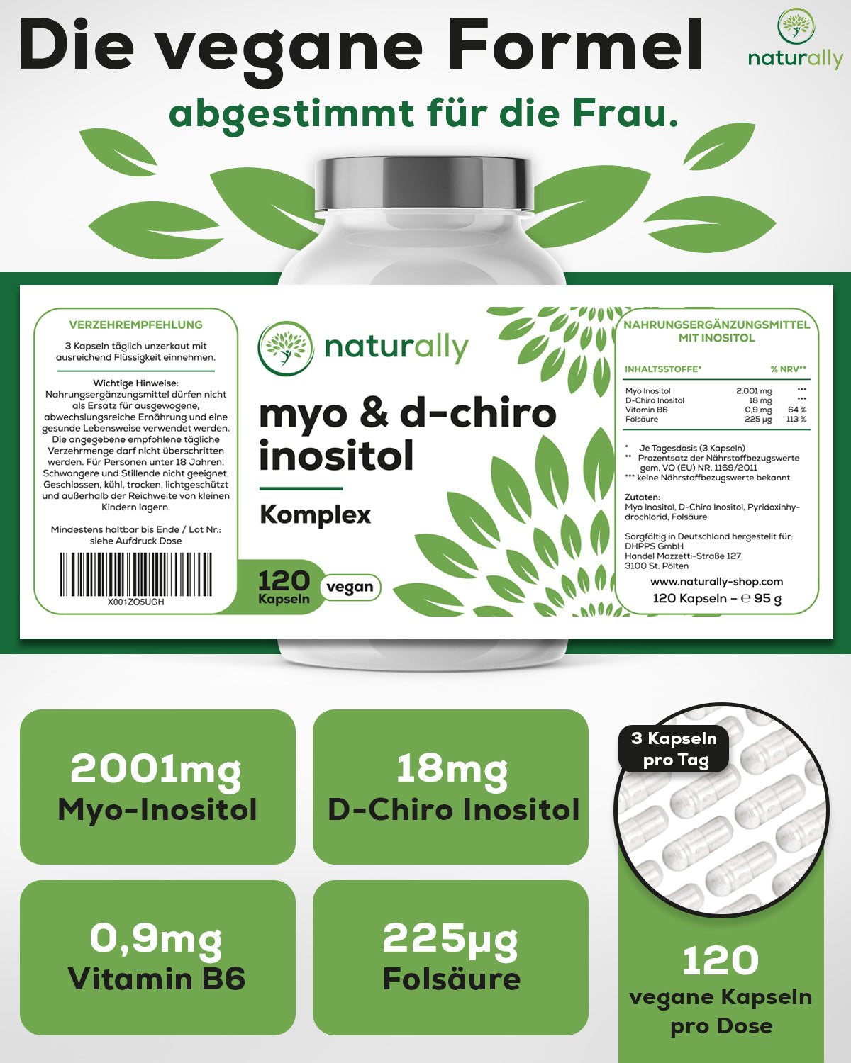 Packung Inositol Komplex + Folsäure – 2001 mg Myo-Inositol, 18 mg D-Chiro, 225 µg Folsäure pro Tagesdosis, 3 Kapseln