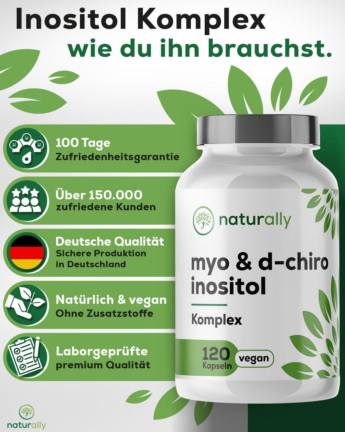 Qualitätsmerkmale naturally Inositol Komplex – Premium Rohstoffe, ohne Zusatzstoffe, laborgeprüfte Qualität, hergestellt in Deutschland
