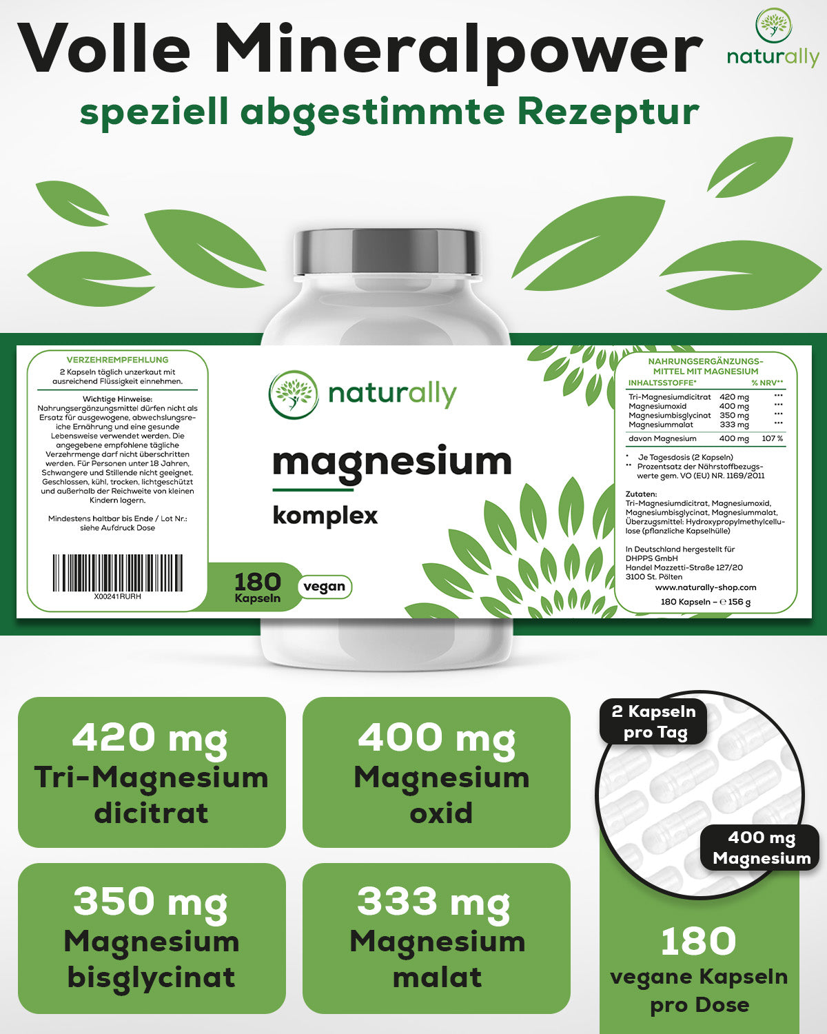 Magnesium-Komplex Kapseln Inhaltsstoffe – Magnesium-Glycinat, Citrate, Malat & Oxid