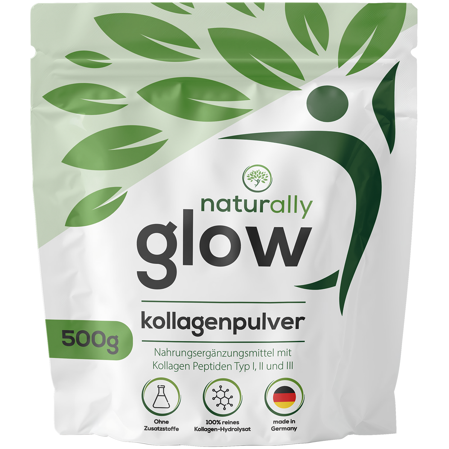 naturally glow Kollagen Pulver 500 g Beutel Vorderseite