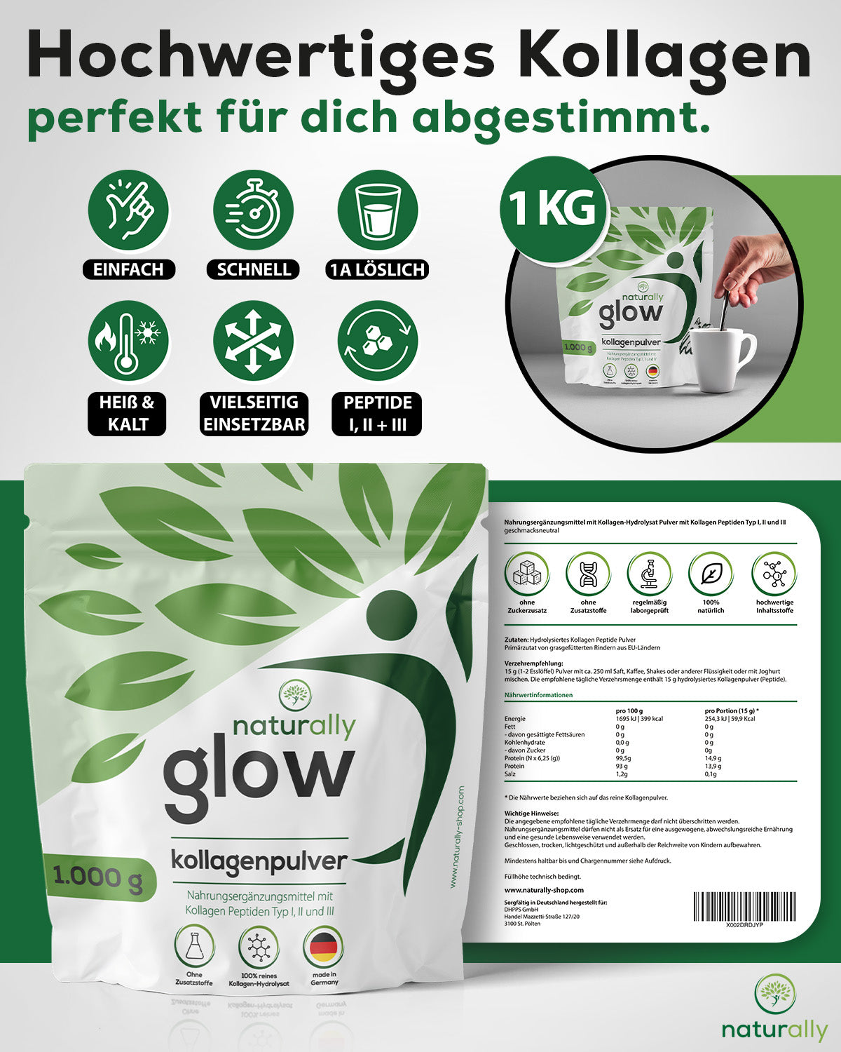 naturally glow einfach schnell heiß oder kalt genießen, gute Löslichkeit, 100% reines Kollagen-Hydrolysat ohne Zusatzstoffe