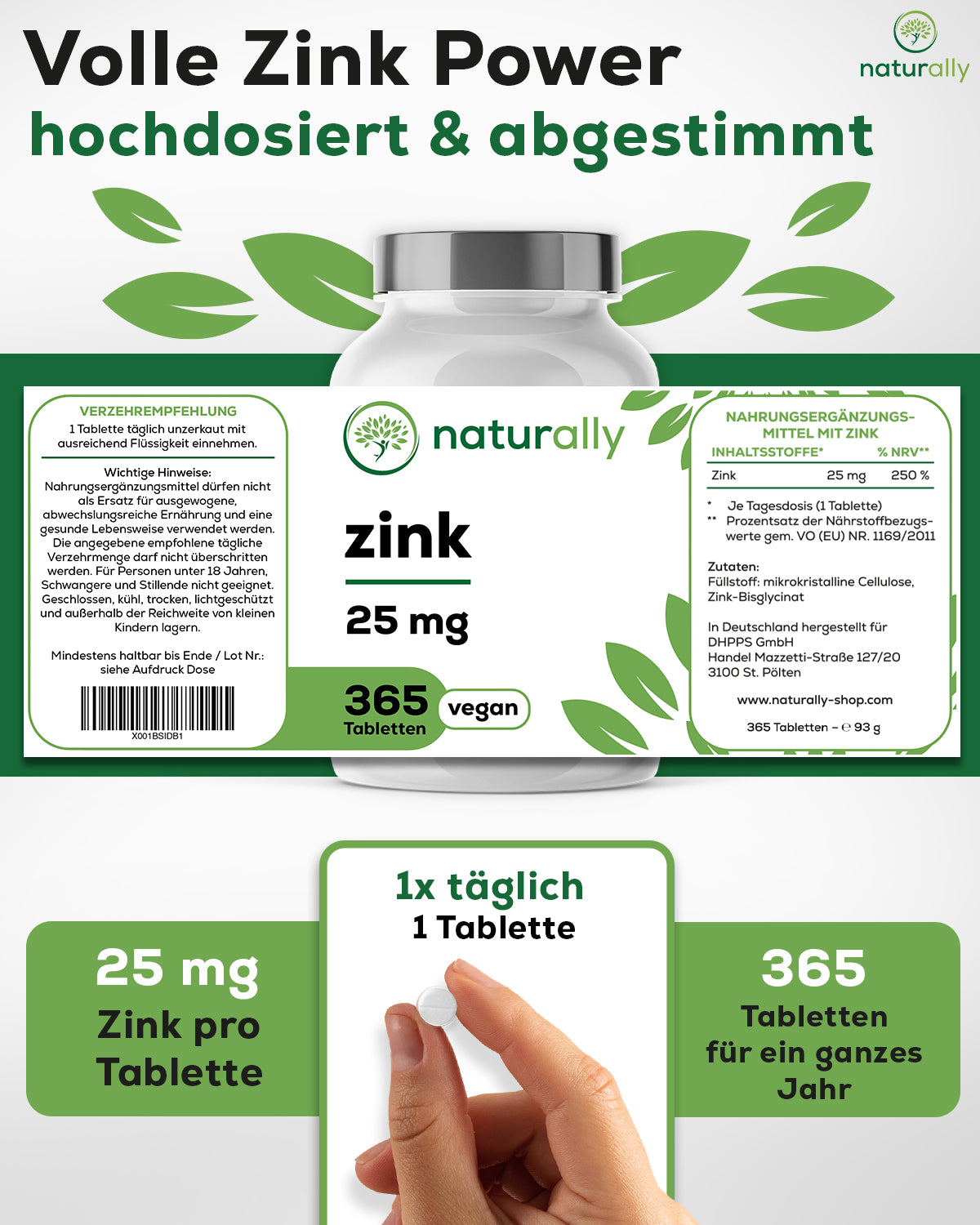 Produktpackung naturally Zink 25 mg vegan – 365 Tabletten eine Tablette täglich - Vorrat für 12 Monate