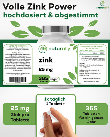 Produktpackung naturally Zink 25 mg vegan – 365 Tabletten eine Tablette täglich - Vorrat für 12 Monate