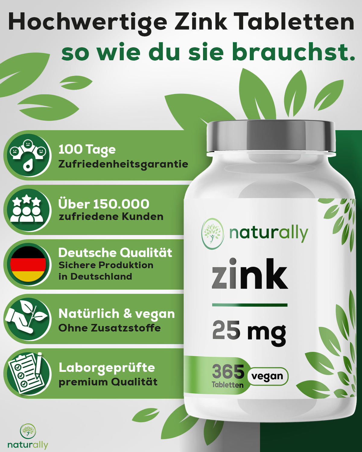 365 vegane Zink-Tabletten 25 mg – naturally Qualität ohne unnötige Zusatzstoffe, Made in Germany