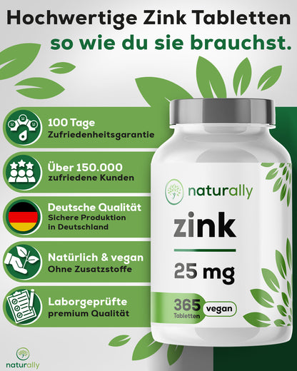 365 vegane Zink-Tabletten 25 mg – naturally Qualität ohne unnötige Zusatzstoffe, Made in Germany