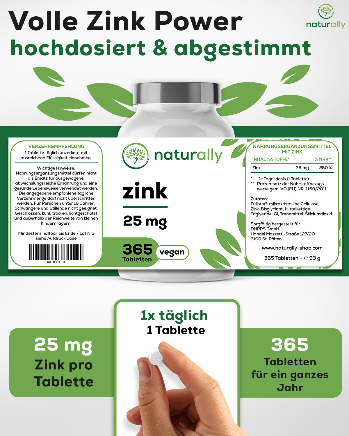 Produktpackung naturally Zink 25 mg vegan – 365 Tabletten eine Tablette täglich - Vorrat für 12 Monate
