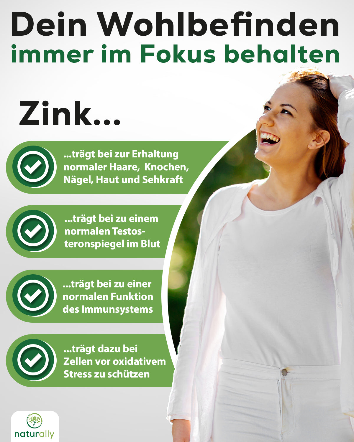 Anwendung naturally Zink 25 mg – Frau mittleren Alters ergänzt Zink für Haut Haare Nägel & Immunsystem