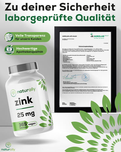 Laborbefund geprüfte Qualität – naturally Zink 25 mg vegan – ohne Zusatzstoffe, hergestellt in Deutschland, Apothekenqualität