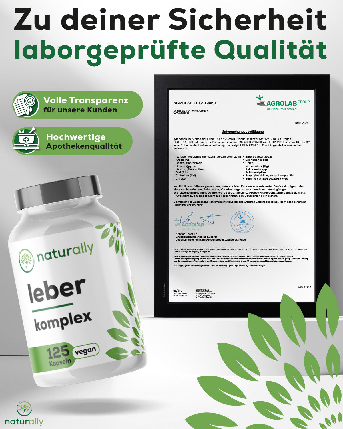 Laborbefund Ergebnis: Reinheit und frei von Schadstoffe oder Zusatzstoffen, Hochwertige ApothekenQualität, volle Transparenz