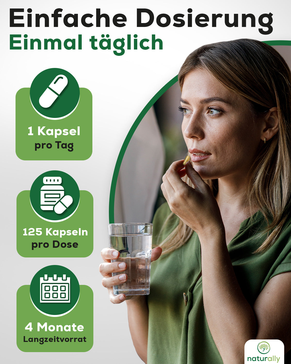 Bild Frau nimmt eine Tagesdosis = 1 Kapsel naturally Leber Komplex
4 Monate Langzeitvorrat, 125 Kapseln pro Dose