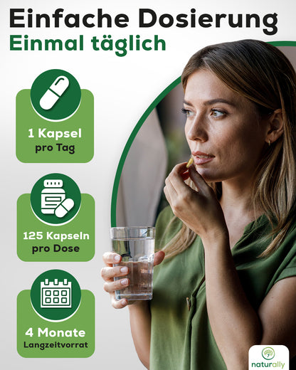 Bild Frau nimmt eine Tagesdosis = 1 Kapsel naturally Leber Komplex
4 Monate Langzeitvorrat, 125 Kapseln pro Dose