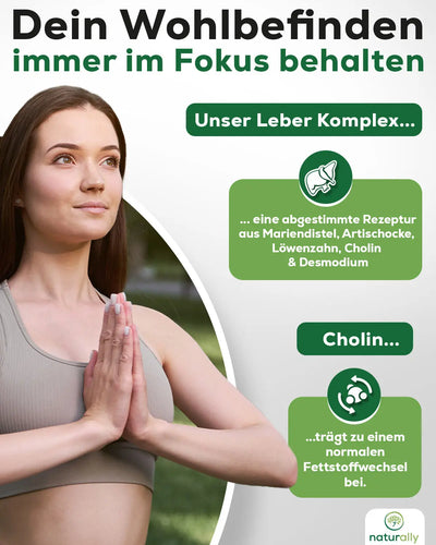 Bild gesunde Frau, Beschreibung abgestimmte natürliche Rezeptur mit Mariendistel, Artischocke, Löwenzahn, Cholin & Desmodium.
Cholin trägt zu einem normalen Fettstoffwechsel bei