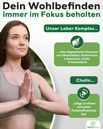 Bild gesunde Frau, Beschreibung abgestimmte natürliche Rezeptur mit Mariendistel, Artischocke, Löwenzahn, Cholin & Desmodium.
Cholin trägt zu einem normalen Fettstoffwechsel bei