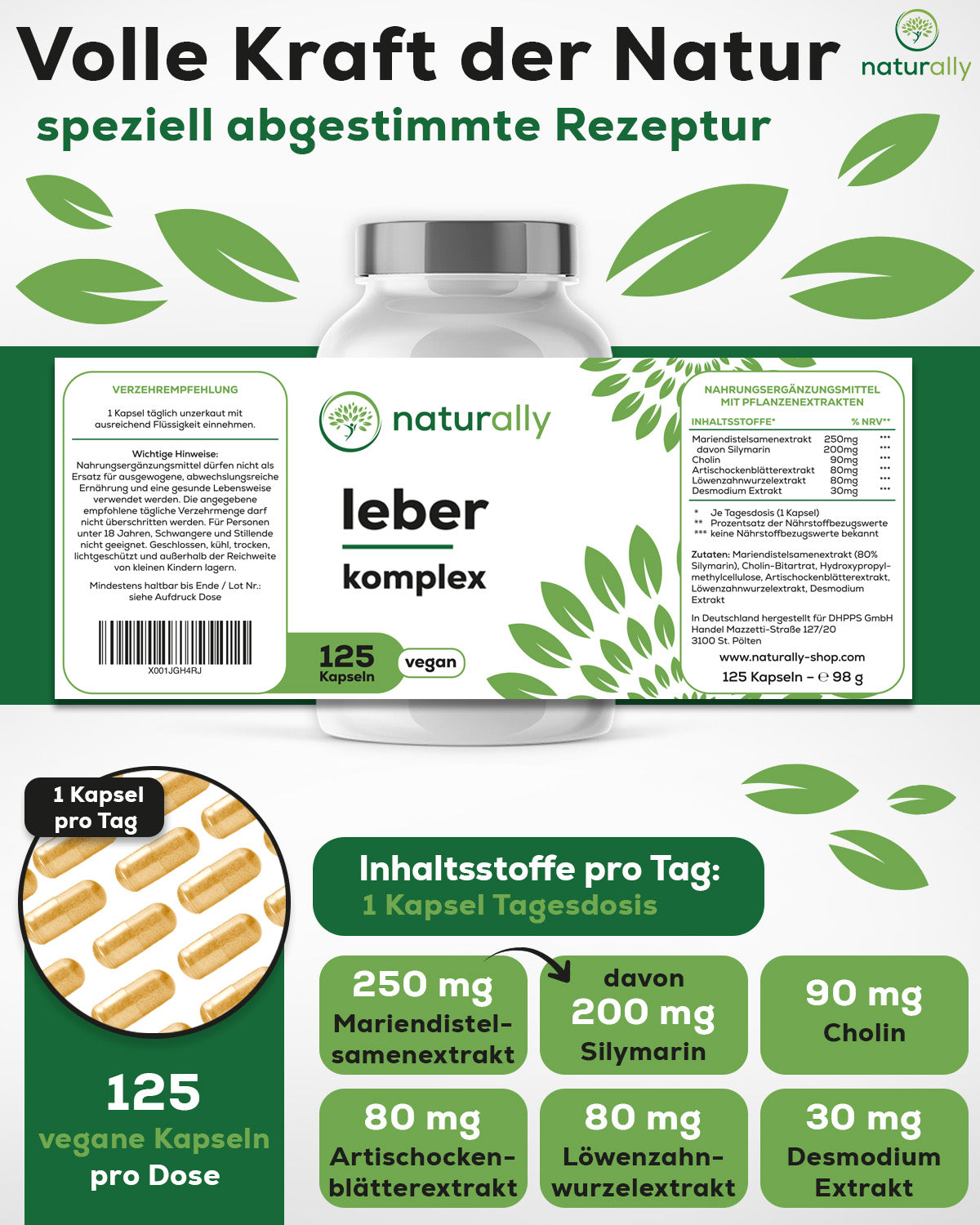 Inhaltsstoffe Packungsrückseite natürliche Rezeptur mit Mariendistel (Silymarin), Cholin, Artischocke, Löwenzahn und Desmodium