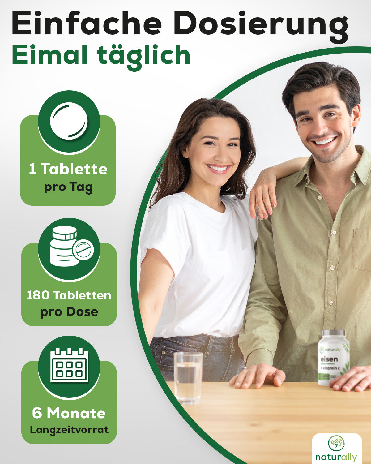 Empfohlene Tagesdosis naturally Eisen mit Vitamin C 180 Tabletten, 1 Tablette pro Tag, reicht für 6 Monate