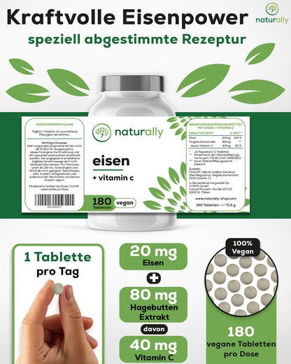 Inhalt pro Tagesdosis (1 Tablette):
20 mg Eisen
80 m Hagebuttenextrakt davon 40 mg Vitamin C
180 vegane Tabletten