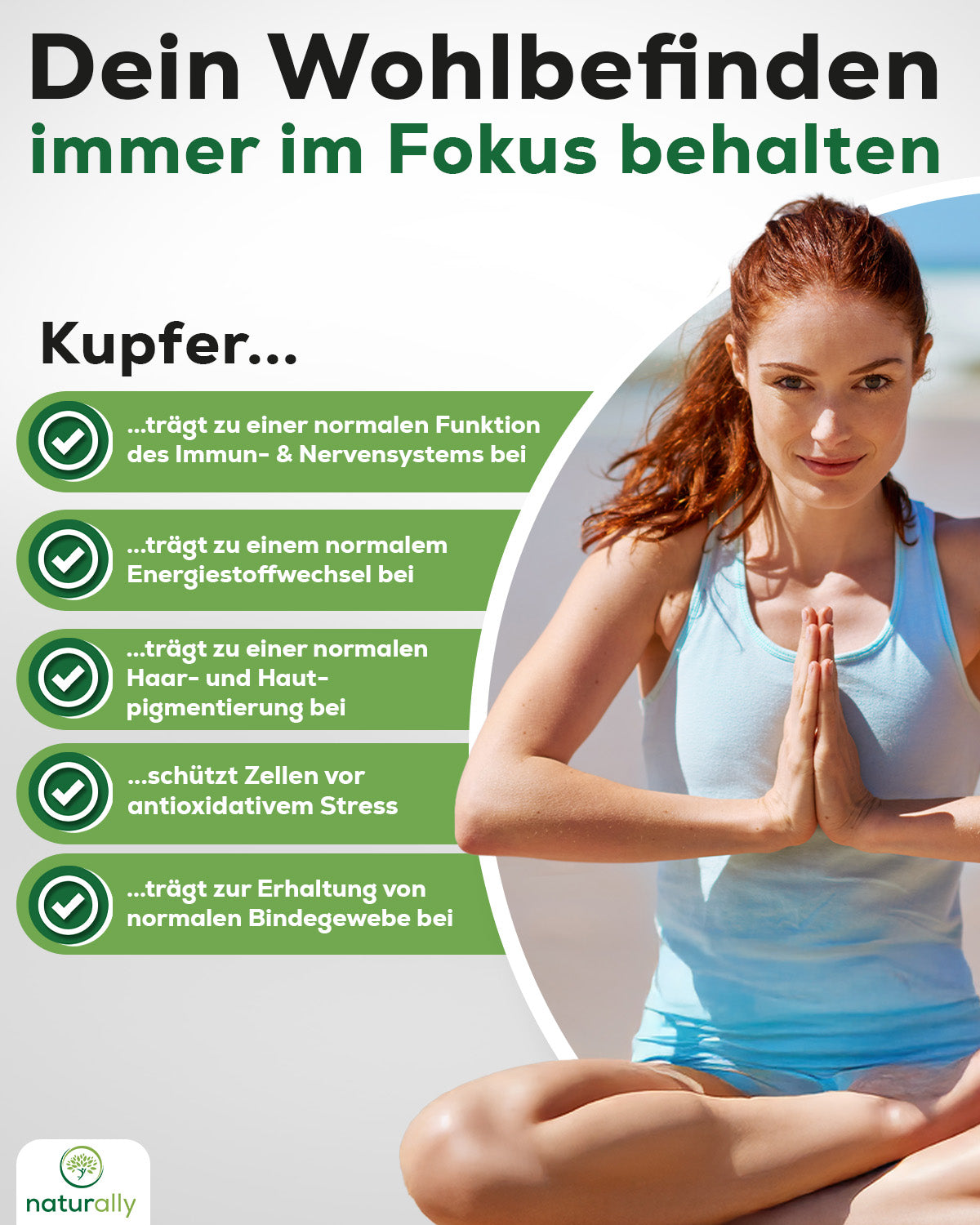 Frau mittleren Alters nimmt Kupfer Komplex 2 mg – unterstützt Energie, Zellschutz und gesunde Haut