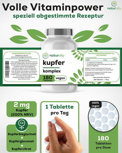 Nährwertangaben Naturally Kupfer Komplex – 2 mg elementares Kupfer aus drei organischen Quellen, ohne Zusatzstoffe