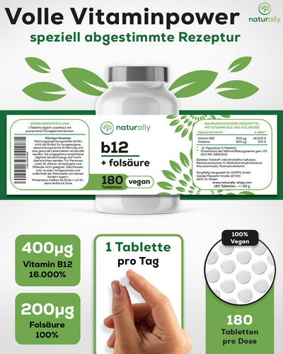 Inhaltsstoffe 400µg Vitamin B12, 200µg Folsäure, 180 Tabletten