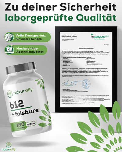 Grafik Premium Rohstoffe & Laborgeprüfte Qualität bei naturally Vitamin B12 & Folsäure
