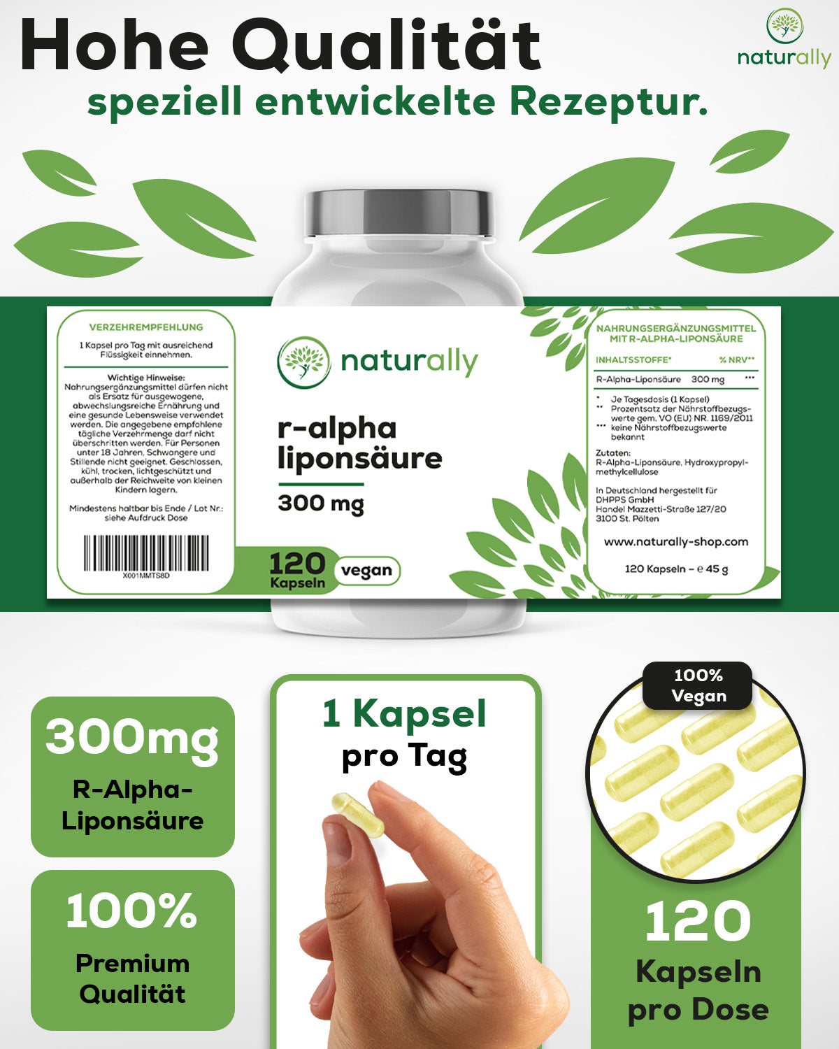 Packungsansicht R-Alpha-Liponsäure 300 mg – 120 Kapseln – hochdosierte R-Form, hohe Bio-Verfügbarkeit