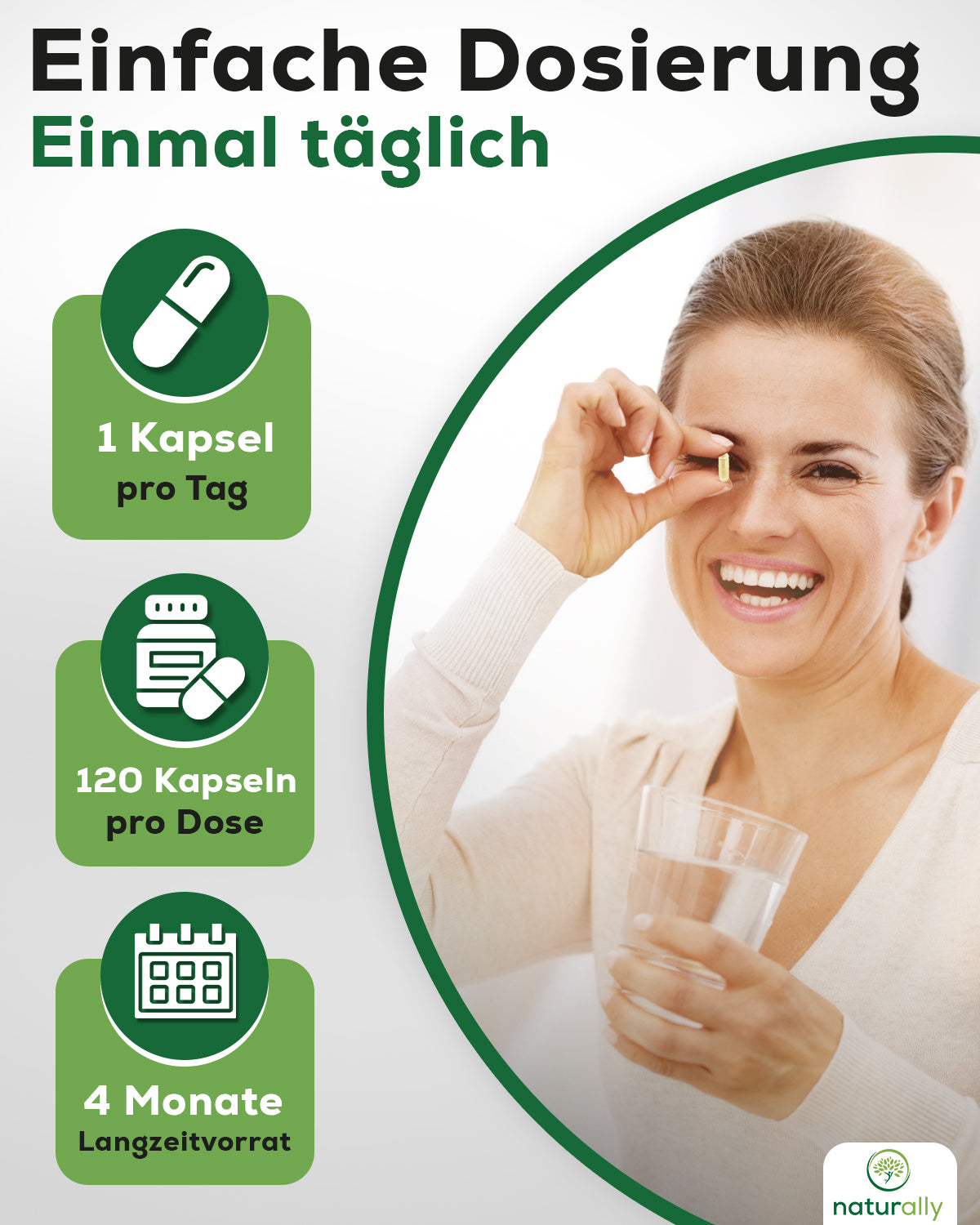 Anwendung Alltag – Frau mittleren Alters nimmt R-Alpha-Liponsäure Kapsel - 4 Monate Vorrat