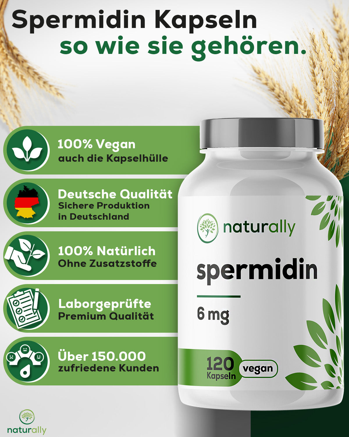 Hochdosierte Spermidin Kapseln 6 mg vegan hergestellt in Deutschland
