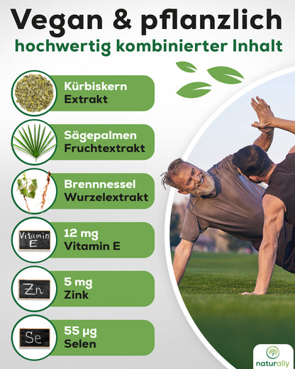Zutaten Grafik Prosta Komplex: Kürbiskernextrakt, Sägepalmen Fruchtextrakt, Brennnessel Wurzelextrakt, Vitamin E, Zink, Selen, vegan, pflanzlch