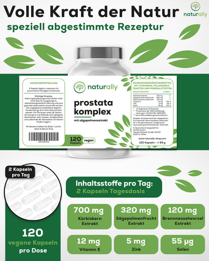 Prostata-Komplex Inhaltsstoffe pro Tagesdosis 2 Kapseln:
700 mg Kürbiskern Extrakt
320 mg Sägepalmenfrucht Extrakt
120 mg Brennnesselwurzel Extrakt
12 mg Vitamin E
5 mg Zink
55 µg Selen