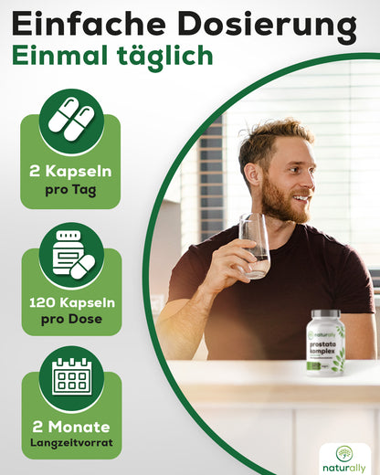 naturally Prostata-Komplex - Verzehrempfehlung 120 Kapseln, 2 Kapseln taeglich, ergibt 2 Monate Vorrat, leicht zu schluckende Kapseln