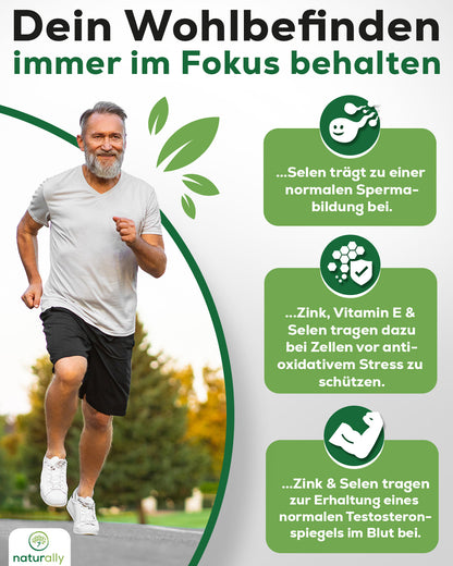 naturally Prostata Komplex – Gesundheitsbezogene Aussagen:
Zink & Selen tragen zur Erhaltung eines normalen Testosteronspiegels im Blut bei.
Zink & Selen tragen dazu bei die Zellen vor anti-oxidativen Stress zu schützen.