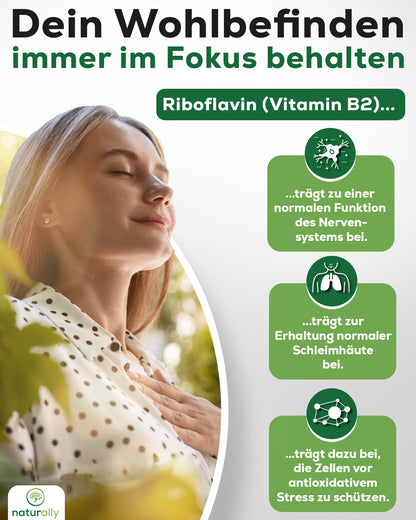 Bild junge gesunde Frau, Wirkung von Riboflavin (Vitamin B2):
trägt zu einer normalen Funktion des Nervensystems bei
trägt zur Erhaltung normaler Schleimhäute bei
trägt dazu bei die Zellen vor antioxidativem Stress zu schützen