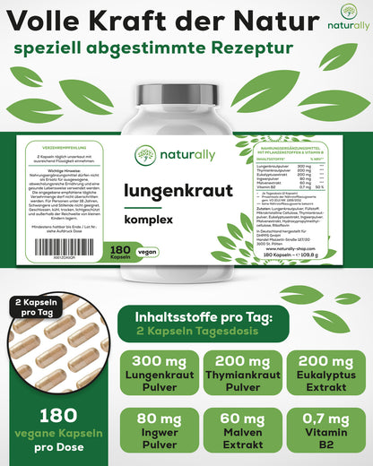 Bild Verpackungsrückseite:
Rein pflanzliche Rezeptur
Jede Tagesdosis (2 Kapseln) enthält:
300 mg Lungenkraut
200 mg Thymiankraut
200 mg Eukalyptus Extrakt
80 mg Ingwer
60 mg Malven
0,7 mg Vitamin B2