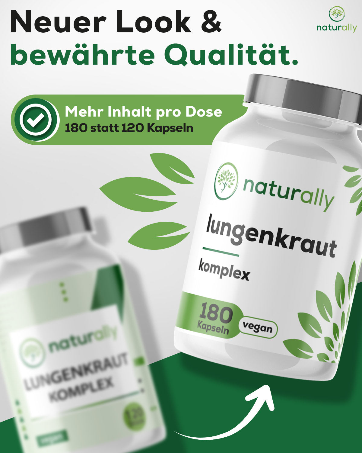 Neues Design & Mehr Inhalt pro Dose, 180 statt 120 Kapseln, 3 Monate Vorrat, hält einen Monat länger als vorher