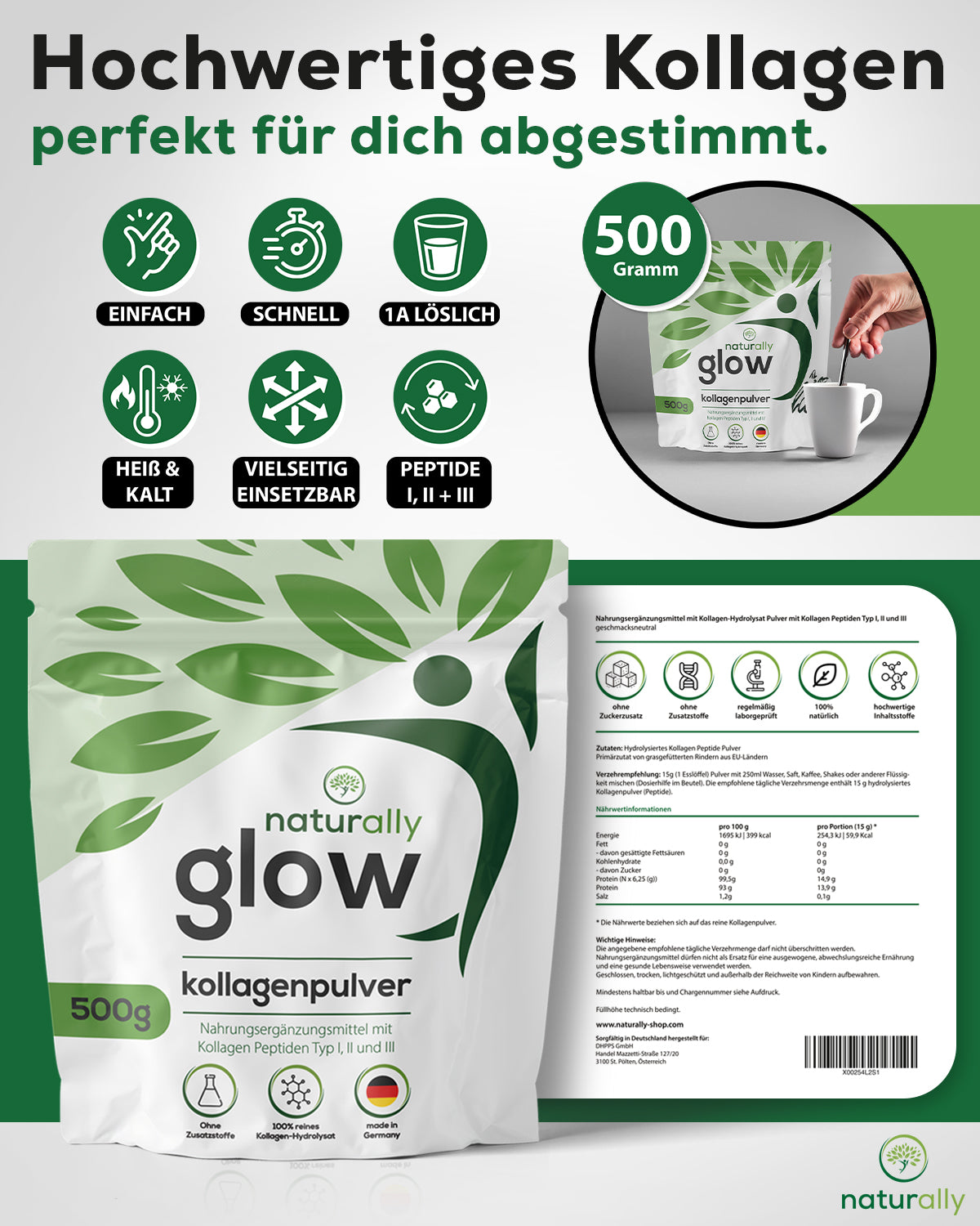naturally glow einfach schnell heiß oder kalt genießen, gute Löslichkeit, 100% reines Kollagen-Hydrolysat ohne Zusatzstoffe