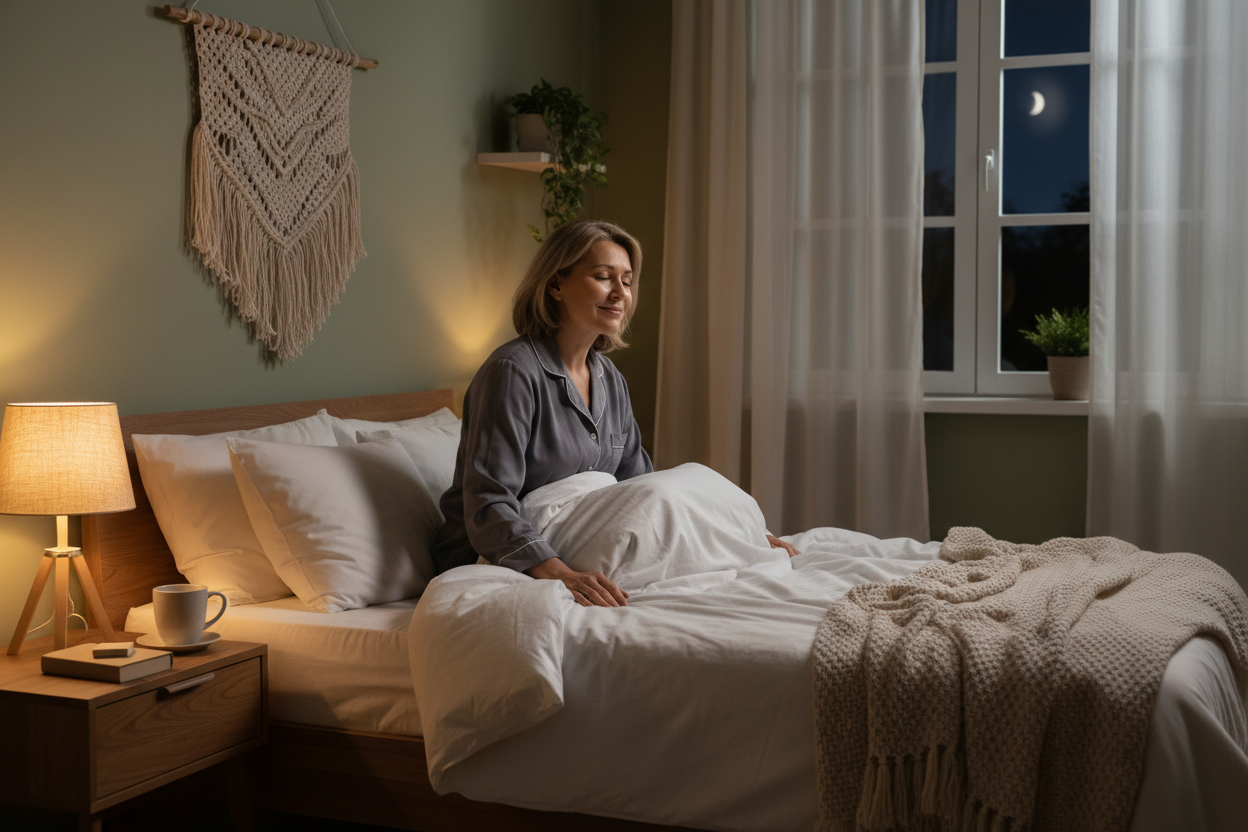 Frau mittleren alters legt sich schlafen ins bett